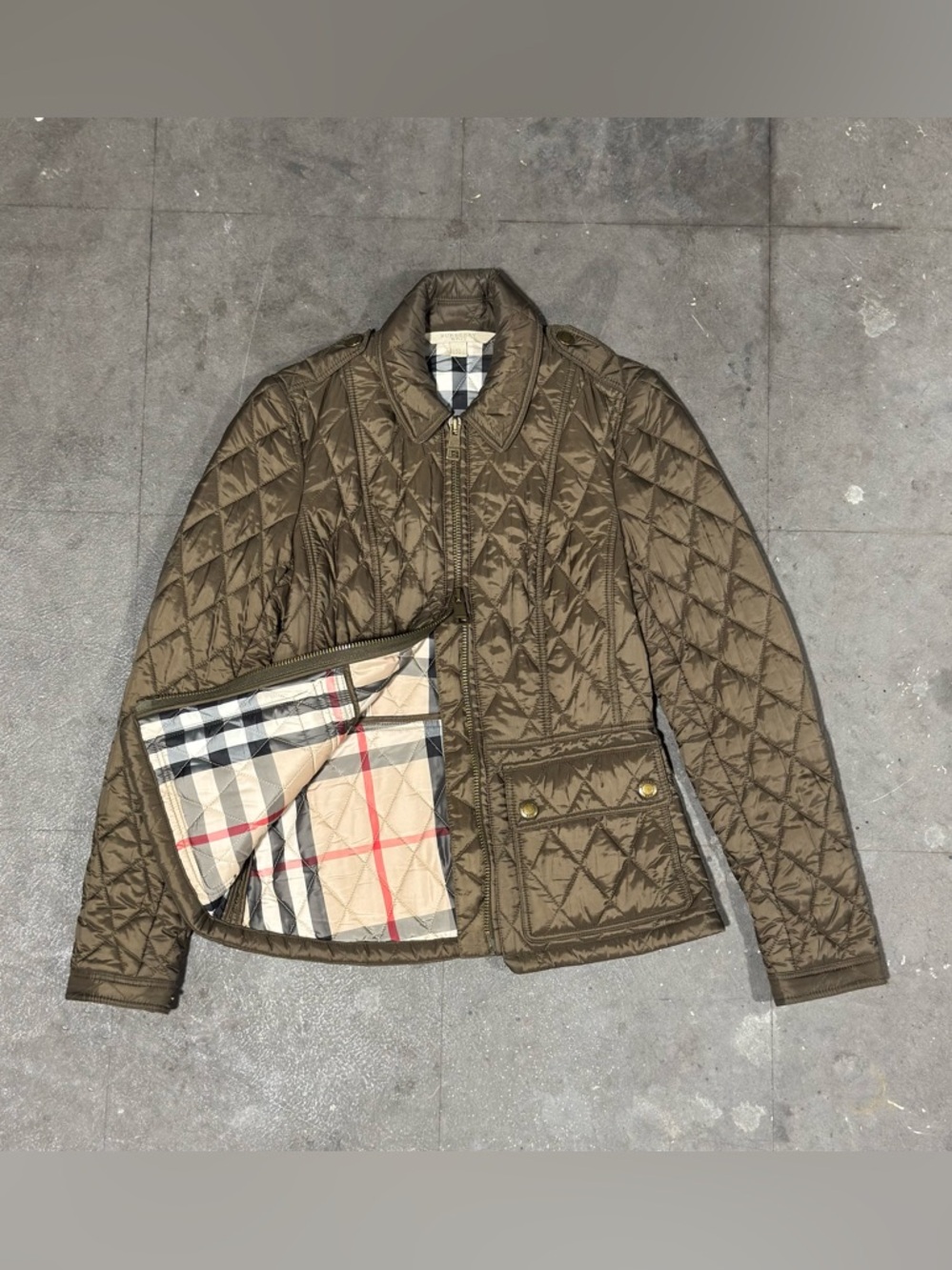 Burberry Brit Quilted Puffer Jacket Lightweight Olive Green Novacheck Women's XS